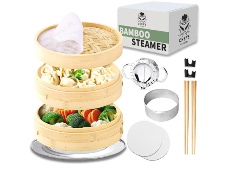 سلة بخار الخيزران الطبيعية ذات طبقتين لطهي الدامبلينغ