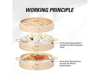 سلة بخار الخيزران بثلاث طبقات للمطبخ