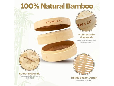 رف بيض عريض للووك ووعاء خشبي سلة بخار الخيزران