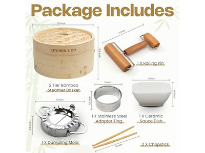 رف بيض عريض للووك ووعاء خشبي سلة بخار الخيزران